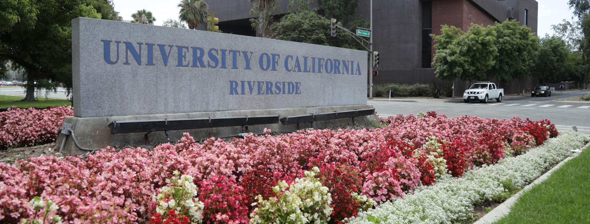 Sign in front of campus, reads University of California Riverside.